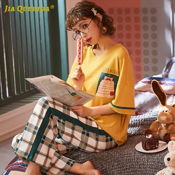 2020 Nauja Pižama Nustatyti Homesuit Homeclothes Trumpas Rankovės Ilgos Kelnės Moteris Drabužiai, Spausdinimo Pižama Pj Nustatyti Įgulos Kaklo Sleepwear