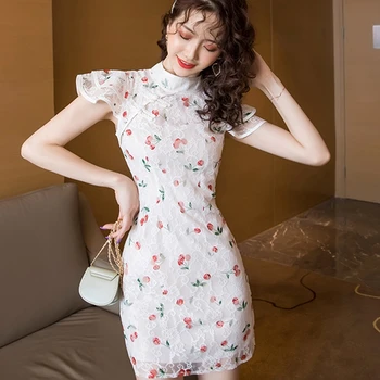 2020 m. Moteris Saldus Vyšnių Spausdinimo Bodycon Mini Seksualus, Elegantiškas Suknelė Aukštos kokybės Panele laisvalaikio cheongsam Nėrinių Suknelė