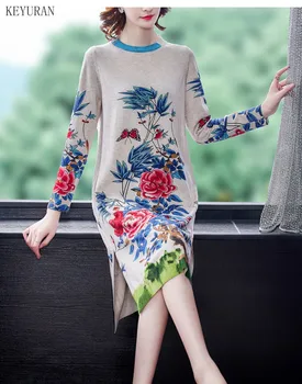 2020 m. Rudens Žiemos Tiesiai Megztinis Suknelė Elegantiška Vintage Gėlių Spausdinti Prarasti ilgomis Rankovėmis, O ant Kaklo Megztinis Vestidos Moterų Suknelė