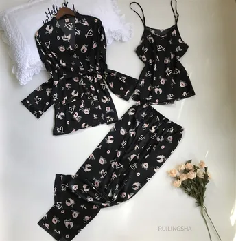 2020 metų Vasaros Rudens Naujas 3 VNT Moterų Pižama Rinkinius, Kelnės Sexy Pyjama Satino Gėlių Spausdinti naktiniai drabužiai Šilko Sleepwear Moterų Pyjama