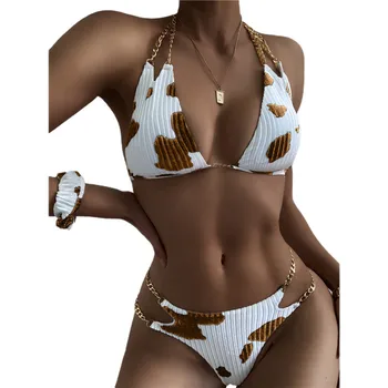 2021 Vasaros Moterų Bikini Print apatinės Kelnės Kostiumas Suvynioti Krūtinės, Kaklo Kabo Baseinas Plaukimo Kostiumas Nėriniai-up 2 Gabalus maudymosi kostiumėlį