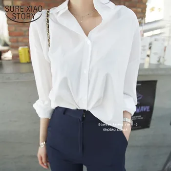 2021 m. Pavasarį Korėja Stiliaus Moteris Kietas Turn-žemyn Apykaklės Balti Marškiniai Batwing Rankovėmis Mygtuką Aukštyn Ilgas Palaidinė Feminina Prarasti Blusa Naujas