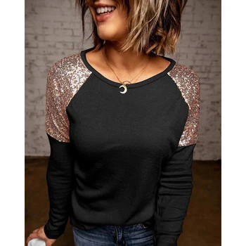 2021 m. Pavasarį Long Sleeve T-shirt Kratinys Blizgančiais Moterų Prarasti Atsitiktinis Marškiniai, Elegantiškas Ponios Streetwear Tees Viršuje Blusas Mujer