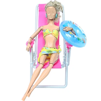 3 Vnt./Partija = 1x Geltonos spalvos maudymosi kostiumėlį, maudymosi Kostiumėliai, Bikini + 1x Atsitiktiniai Plaukimo Žiedas + 1x Vnt Paplūdimio Kėdės Aksesuarų Barbie Lėlės Žaislas