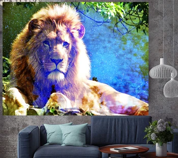 3D liūtas gobelenas sienos kabo animacinių filmų vaikams Sienos Kabo gobelenas Šiaurės Stiliaus miško gyvūnų mėlyna Gobelenai troba dekoras