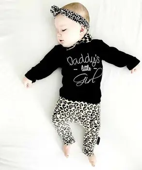 3pcs Naujagimiui Kūdikių Nustatyti ankstyvos vaikystės Mergina Leopardas spausdinti Drabužius Juoda ilgomis Rankovėmis Viršūnes + Kelnės + Lankelis Komplektus Kūdikių Drabužiai.