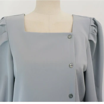 Aikštėje Apykaklės Marškinėliai Sluoksniuotos Ilgomis Rankovėmis Viršų Mygtuką Iki Baltos, Mėlynos Moterų Palaidinė Office Pavasario 2020 Korėjos Roupas Feminina Camisa Moda