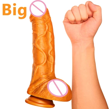 Aukso Seksualus Didžiulis Dildo Moterų Masturbator Super Minkštas Realistiškas Penis Dildo Sveikas Silikono siurbtukas Vibratorių Sekso Žaislai Moterims
