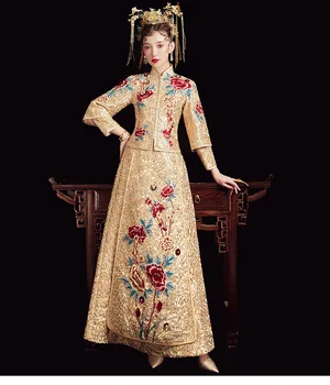 Aukso Siuvinėjimai Kinų Tradicinė Suknelė, Vestuvės, Ilgas Cheongsam Vestuvių Nuotaka 