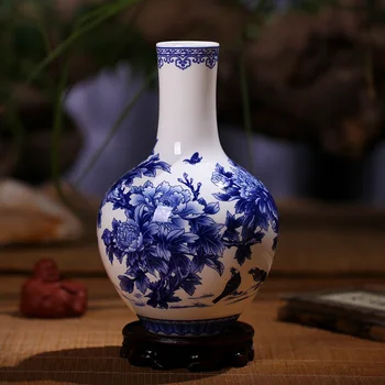 Aukštos Kokybės Jingdezhen Mėlynos ir Baltos spalvos Porceliano Vazos Smulkių Kaulų Kinijos Vaza, Bijūnas Puošia Aukštos Kokybės Keramikos Vaza