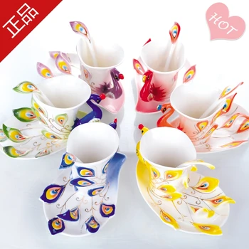 Aukštos kokybės Povas Taurės, puodeliai, Keramikos, porceliano emalio pora puodelių vestuvių, gimtadienio dovana kūrybos arbatos puodelio Šešių spalvų Pasirinktinai