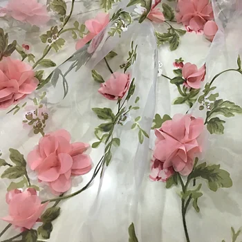 Aukštos kokybės šifono nėrinių organza rankų darbo gėlių audinys trimatis siuvinėjimo gėlių 