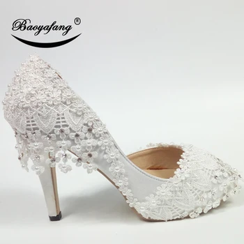 BaoYaFang 2020 Naujas Nėriniai-Up mados bateliai moteris Balta Gėlė Vestuvių batai Čiurnos Dirželis Aukštos bateliai sweet šalies batų