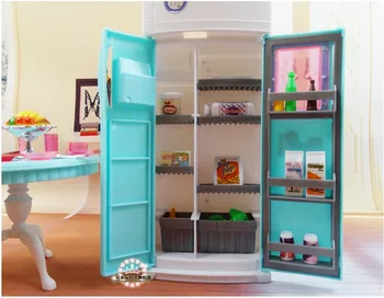 Barbie princesė virtuvės baldai 1/6 bjd doll, restoranas, indai, stalo, kėdės, šaldytuvas, valgomojo žaislas priedai