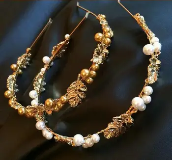 Baroko prabanga-retro lapų pearl hairband derliaus metallic aukso lapai kalnų krištolas pearl plaukų papuošalai