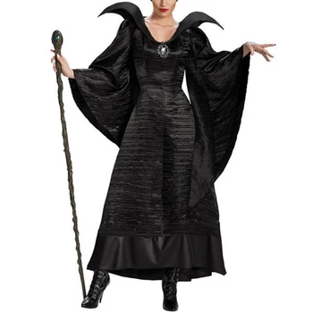 Bazzery Moterų Plius Dydis Helovinas Filmą Deluxe Juoda Ilga Suknelė Blogio Karalienė Ragana Dress Cosplay Kostiumas Šalis su Ragų Vinjetė