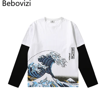 Bebovizi 2020 Streetwear Japonijos Stiliaus Bangos Print T Marškiniai Vyrai Medvilnės Kratinys Long Sleeve T-shirts Hip-Hop Negabaritinių Viršūnes Tees
