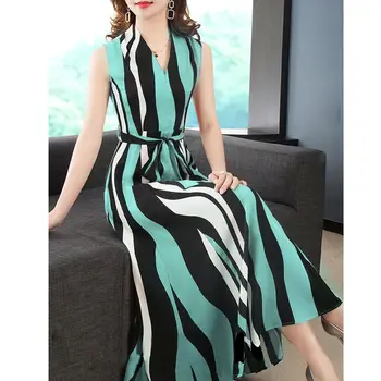 Berankovis Suknelė Moterims Vasaros 2020 V-neck Slim Aukšto Juosmens Varčias Ilgas Dryžuotas Švytuoklės Šifono Suknelė