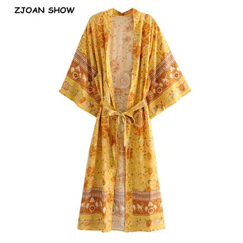 Bohemija V kaklo Aukso Gėlių Spausdinti Maxi Ilgio Kimono Megztinis Etninės Moterų Jungiamąją iki Lankas Varčias Marškinėliai BOHO Prarasti Palaidinė Viršūnės