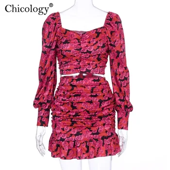 Chicology 2019 elegantiškas gėlių ruched 2 dviejų dalių rinkinys moterims sluoksniuotos ilgomis rankovėmis pasėlių top aukštos juosmens mini sijonas rudens žiemos drabužių