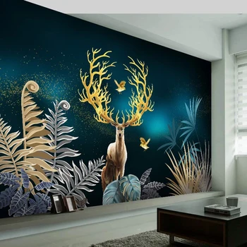 Custom 3D Foto Tapetai, Freskos Europos Stiliaus Kūrybos Rankomis Dažyti Tropinių Augalų Lapai Auksiniai Briedžių Fono Sienos Meno Dekoro