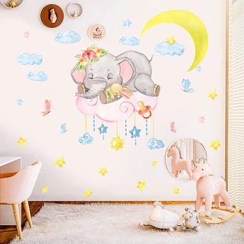 Cute Baby Dramblys į Mėnulį, Sienų Lipdukai, Vaikų Kambario, Kūdikių, vaikų Darželio Sienos Lipdukai Namų Puošybai PVC 