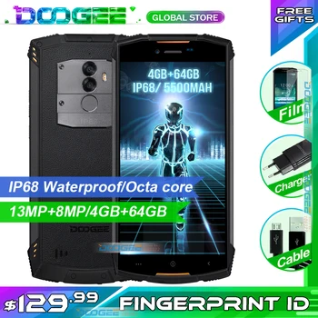 DOOGEE S55 Mobiliojo Telefono 18:9 IP68 Vandeniui atsparus Išmaniojo telefono MTK6750T 5500mAh 4GB 64GB 13.0 MP Tvirtas Telefonas Android 8.0 BAK Battery