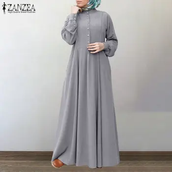 Derliaus Mygtuką Marškinėliai Suknelė Musulmonų Moterų Rudens Suknelės ZANZEA Atsitiktinis ilgomis Rankovėmis Maxi Vestidos Moterų Mygtuką Drabužius, Plius Dydis