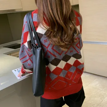 Derliaus Stilingas Geometrinis Rhombic Džemperis Moterims Ilgomis Rankovėmis O-Kaklo Megztiniai (Puloveriai Viršūnes Moterų Korėjos Prarasti Žiemos Drabužių 2020 M.
