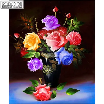 Diamond mozaikos dovana, Siuvinėti kryželiu Pilna deimantų, siuvinėjimo Rose Vaza gėlių nuotrauką namų dekoro 
