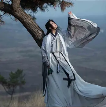 Didelis Dydis 4XL Hanfu Vyrų/Moterų Kinijos Tradicinės Pilkos Gradientas Hanfu Cosplay Kostiumų Fancy Dress Šifono Hanfu Poroms