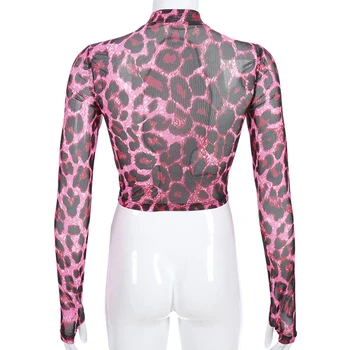 E Mergina Rožinė-Leopardas Nėrinių Vien Apkarpyti Viršūnes marškinėliai Moterims, Vasarą, Rudenį Viršūnės T 2020 Streetwear Šalis Ilgą Šifono Rankovėmis Marškinėlius