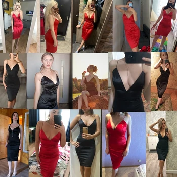 Elegantiškas Satino Suknelės Moterims Tvirtą Raudona Juoda Midi Suknelė 2021 Mados Vasarą V-Kaklo Ponios Seksualus Apdaras Vakarėlis Raudona Vestidos