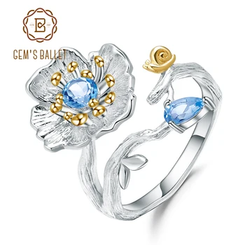 GEM BALETO 925 Sterlingas Sidabro Rankų darbo Žiedas Fine Jewelry Gamtos Šveicarijos Mėlynas Topazas Žydi Aguonos Gėlių Žiedai Moterims
