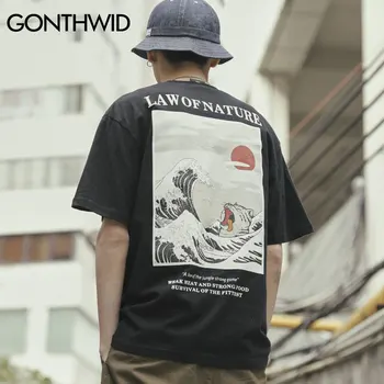 GONTHWID Japonų Ukiyo Katė Banga Spausdinti Streetwear T Shirts 2020 Metų Vasaros Mens Hip-Hop Atsitiktinis trumpomis Rankovėmis Viršūnes Tees Vyrų Tshirts