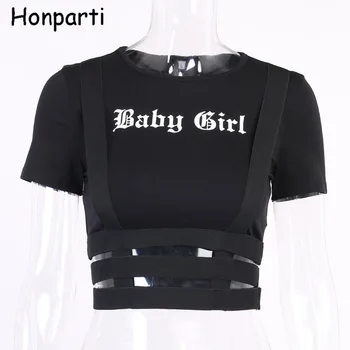 Gatvės Stiliaus Gothic Punk Laišką Baby Girl Spausdinti Tuščiaviduriai iš Pakinktų Dirželis T-marškinėliai Moterims, O-kaklo trumpomis Rankovėmis Apkarpyti Viršūnes Marškinėliai