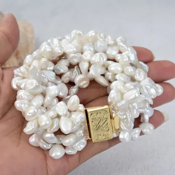 GuaiGuai Papuošalai Gamtos Perlas 7Strands Dirbtiniu būdu išauginti perlai White Keshi Perlų Kelių Sruogų Perlų Karoliai, Apyrankės Rinkinys