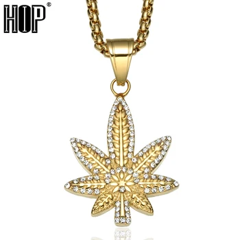 HIP-Hop Bling Iš Ledo Kristalų Nutiesti Augalų Klevo Lapų Karoliai & Karolius, Aukso Spalvos Titano Cannabiss Karoliai Vyrų Papuošalai
