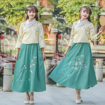 Hanfu Ilgai Šokių Sijonas Moteris Etape Šokių Suknelė Kinijos Tradiciniais Kostiumais Cheongsam Marškinėliai, Siuvinėjimas Persikų Kostiumėlį dviejų dalių