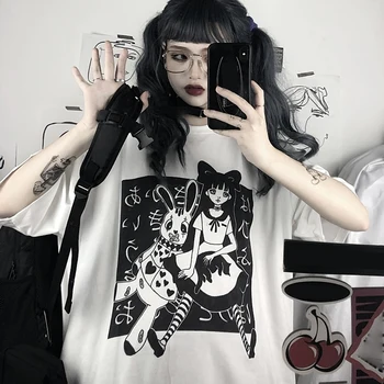 Harajuku Marškinėliai Estetinės Gothic Punk animacinių filmų Trumpas Rankovės O-Kaklo Viršūnes Moterų dropshipping vasaros prarasti negabaritinių gatvės drabužių