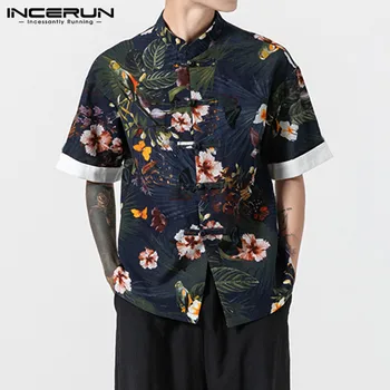 INCERUN Kinų Stiliaus Vyrų Marškinėliai Gėlių Spausdinti Trumpas Rankovės Stovėti Apykaklės Viršūnes Retro Streetwear Laisvalaikio Prekės Marškinėliai Vyrams Camisa 2021