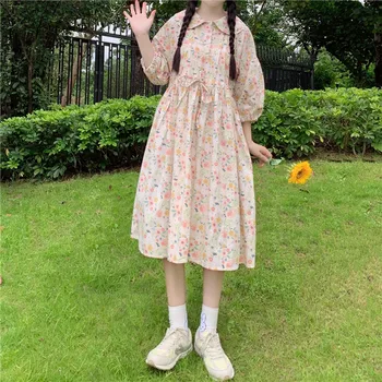 Japonijos Saldus Gėlių Vidutinio ilgio Suknelė Lėlės apykakle Suknelė Aukšto juosmens-line Suknelė Moterų 2020 Naujas Vasaros Princesė Dress Mori Mergina