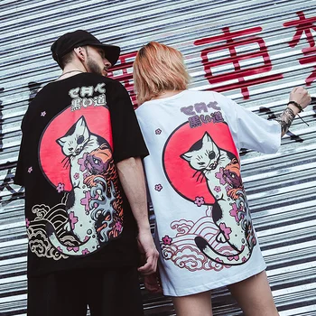 Japonų Ukiyo Katė Spausdinami T Marškiniai Vyrams, Moterims 2019 M. Vasarą Streetwear Klaidingą Trumpas Rankovės Tees Hip-Hop Atsitiktinis Tshirts