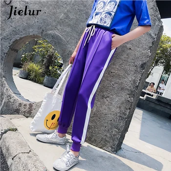 Jielur Vasarą, Rudenį Atsitiktinis Fitneso Violetinės Kelnės Moterims Harajuku BF Kietas Streetwear Spliced Pusėje Juostele Haremo Kelnės Moteriška