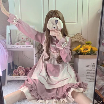Kawaii Lolita Dress Moterų Rudenį Minkštas Mergina Netikrą Dviejų dalių Kambarinės Apranga cute Lolita Suknelės Japonijos Purus Rožinė Suknelė ilgomis Rankovėmis