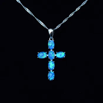 Kietas Krikščionių Kryžius Dizaino White / Blue Fire Opal Karoliai Pakabukas