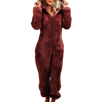 Kietojo Dirbtiniais Kailiais Onesie Moterų Jumpsuit Sleepwear Užtrauktuką Gobtuvu Romper Moterų Drabužių Žiemos Namuose Drabužius Romper Moterų Pižama