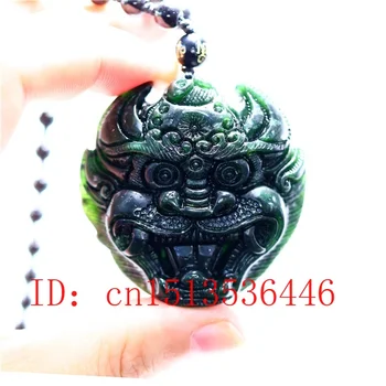 Kinijos Gamtos Black Green Jade Dragon Head Pakabukas Karoliai Mados Ranka Raižyti Papuošalų Raižyti Amuletas Dovanos Megztinį Grandinės