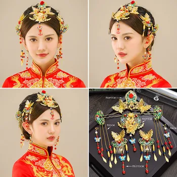 Kinijos Vestuvių Nuotaka Karūna Lankelis Plaukų Šukos Priedai Tradicinis Moterų Aukso Perlas Plaukų Segtukai Kutai Plaukų Stick Plaukų Pin