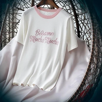 Korėjos Mielas Laiškas Tee Marškinėliai Femme Hipster Harajuku Lurex Moteriški Drabužiai Kawaii Ponios Trumpas Rankovės Marškinėliai Moterims Topai B-052